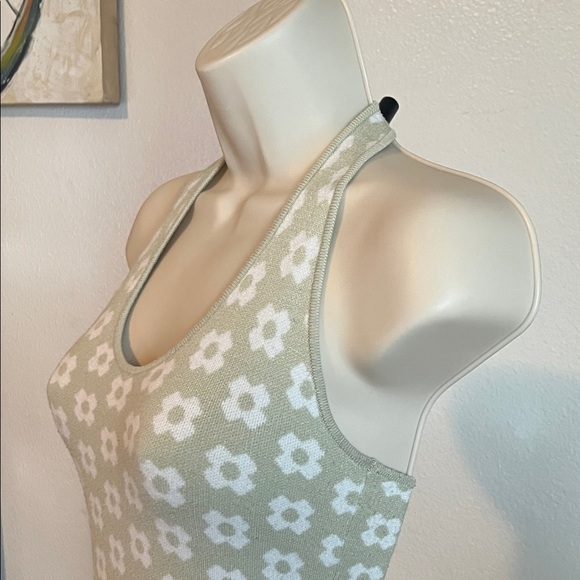 Princess Polly Knit Halter Dress in Light Green w/ Cream Flowers - Picture 5 of 5